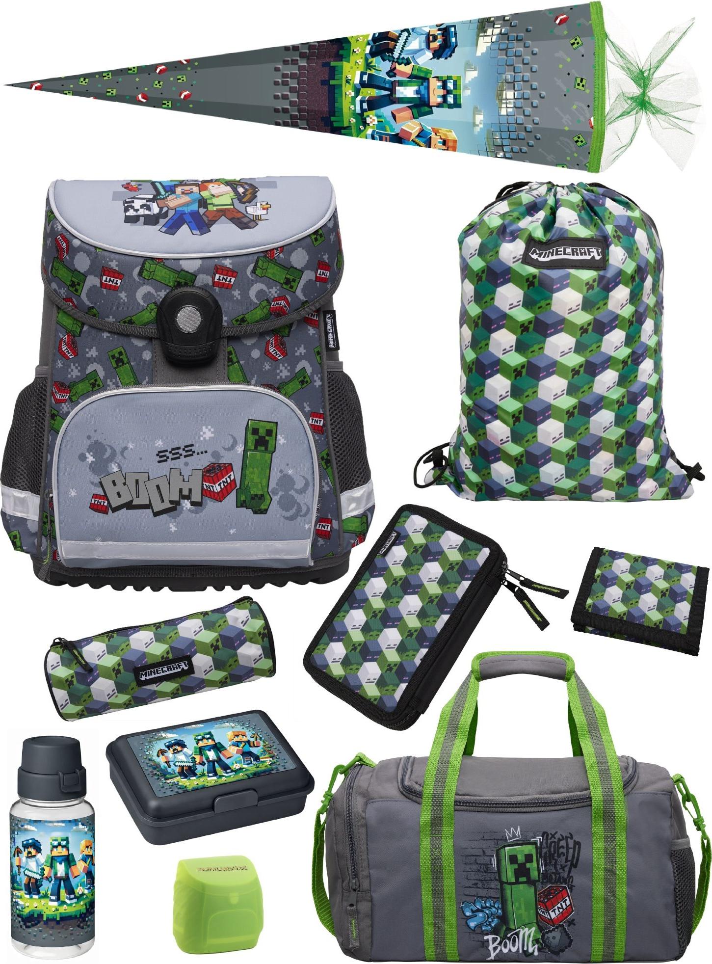 Minecraft-Style Schulranzen-Set für Jungen 10-teilig – Grau (1.-4. Klasse)