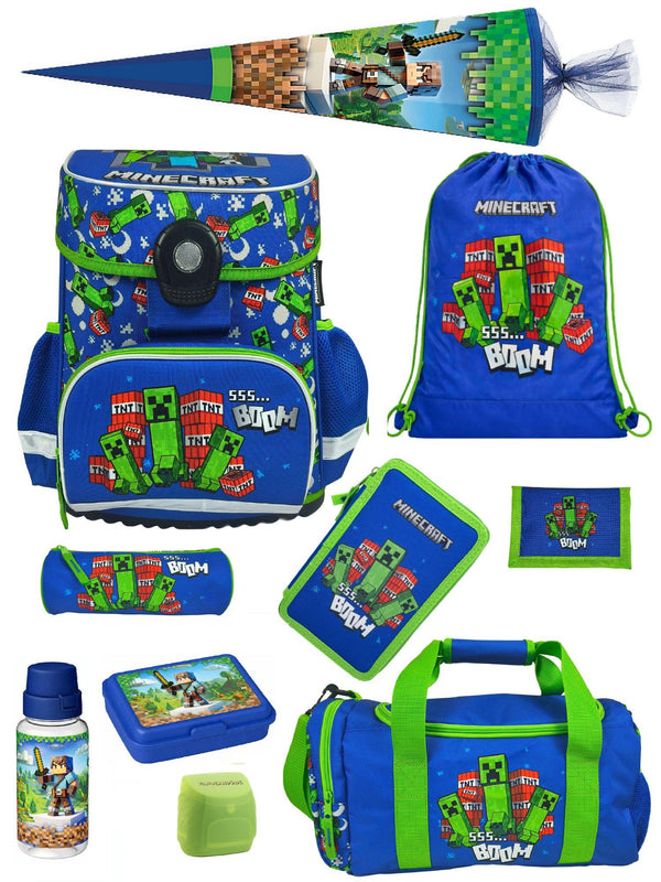 Minecraft-Style Schulranzen-Set für Jungen 10-teilig – Blau (1.-4. Klasse)