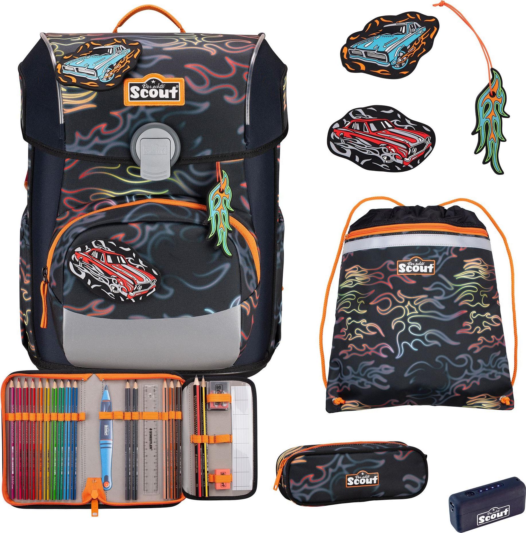 Scout Neo Safety Light Schulranzen-Set „Flames" 5-teilig – Schwarz